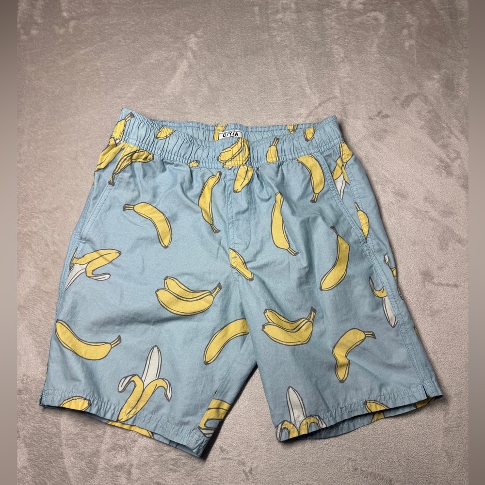 CYA Men’s Novelty Fruit Print Banana Light Blue Yellow Lightweight Shorts Small